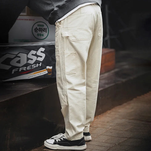 Men’s Retro Workwear Off-White Jeans – Distressed Loose Fit Multi-Pocket Woodcutter Pants